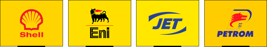Логотипы желтого цвета – Shell, JET, Petrom 